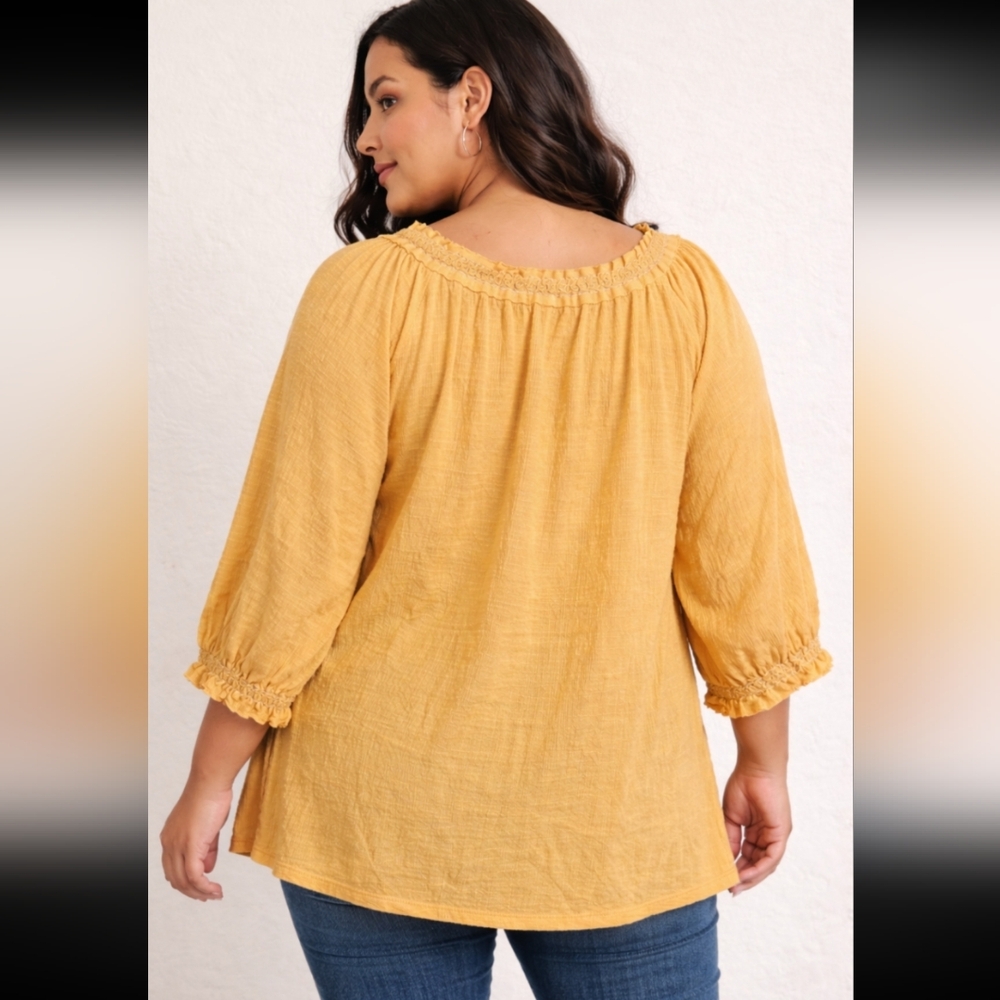 Max Studio 3X Mustard Boho Peasant Blouse Ruffle Neck Gauze Cottagecore Curvy - Picture 3 of 11